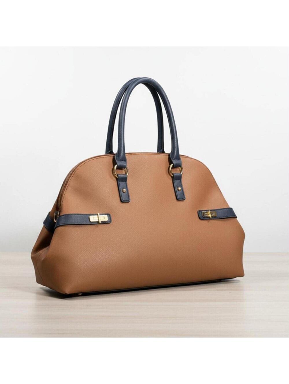 Tommy Hilfiger Brown and Navy PU Leather Handbag With Gold Accents Top Handle